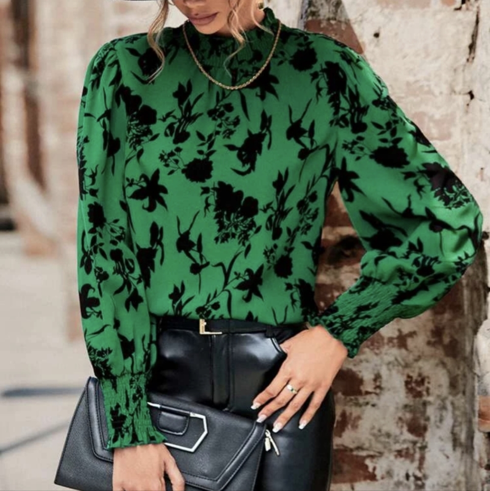 Floral Print Lantern Sleeve Frilled Neck Blouse